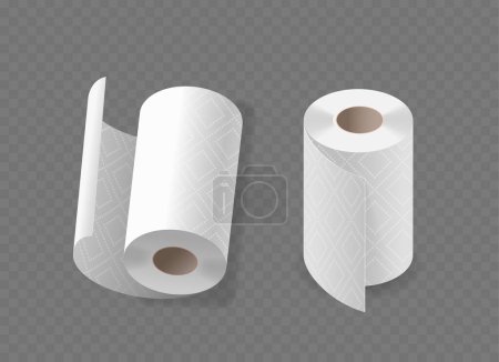 Dos rollos de toalla de papel blanco Imagen vectorial 3D realista. Un rollo está parcialmente desenrollado, mostrando la textura modelada, burlas para la cocina o los ajustes del baño, aislado sobre un fondo transparente