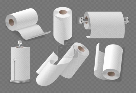 Collection Of Various Paper Towels And Holders Isolated On Transparent Background. Realistic 3d Vector Paper Towel Rolls In Various States Of Use, For Kitchen, Hygiene, Cleaning, Or Household Purposes