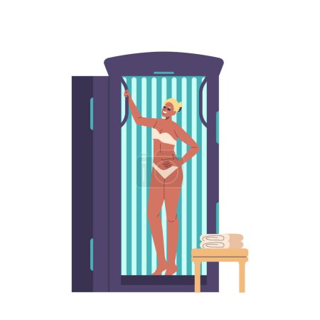 Smiling Woman In Bikini Stands Inside A Solarium, Enjoying Tanning Session. Female Character Is Relaxed And Happy, Embracing A Self-care Routine With Towels Neatly Stacked Nearby. Vector Illustration