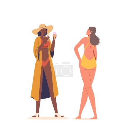 Two Cartoon Women In Swimsuits Enjoying A Sunny Day. One Female Character Holds An Ice Cream and Phone, While The Other Looks At Her. Vector Illustration Conveys Summer Vibe, Relaxation And Friendship