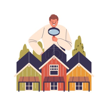 Illustration for Man Examining Houses With A Magnifying Glass, Representing Real Estate Market Research. Vector Concept Showcasing Property Inspection, Housing Analysis, And Market Trends. Cartoon Illustration - Royalty Free Image