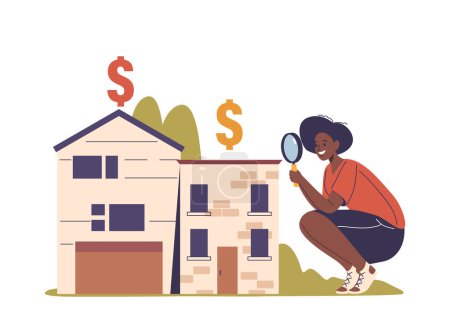 Frau benutzt Lupe, um Häuser mit Dollarzeichen darüber zu untersuchen, was die Immobilienmarktforschung und die Bewertung des Immobilienwertes symbolisiert. Analyse, Investition, Immobilienbewertungskonzept