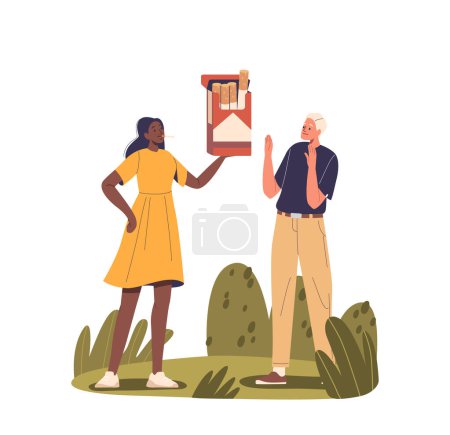 Anti-smoking Concept, Female Character Offers Large Cigarette Pack To Man, Who Refuses It, Promoting Dangers Of Smoking And The Importance Of Making Healthy Decisions. Cartoon Vector Illustration