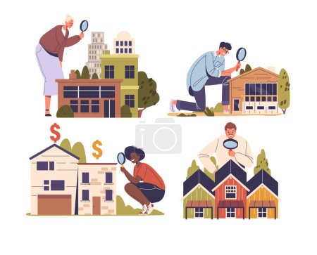 Characters Examining Various Types Of Real Estate Properties Using Magnifying Glasses, Indicating Market Research And Property Inspection. Real Estate Analysis, Investment, And Property Evaluation