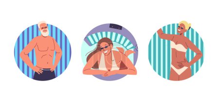 Two Women And One Man Happily Engaging In A Solarium Tanning Session. Vector Round Icons Of People Enjoying The Process Of Getting A Tan, Showcasing Relaxation, Self-care, And Beauty Maintenance