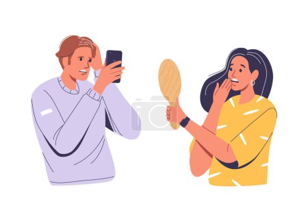 Zwei junge Leute reagieren schockiert, als sie graue Haare entdecken. Das eine nutzt ein Smartphone zur Selbstkontrolle, während das andere einen Spiegel hält, der Sorge und Stress über Altern und Aussehen vermittelt.
