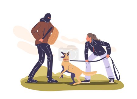 Woman Training A Guard Dog In A Yard With A Trainer In Protective Gear. The Dog Is Being Taught Protection And Obedience Skills. Vector Concepts Of Animal Training, Security, And Canine Obedience