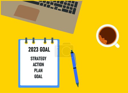 Illustration for 2023 target. purpose, plan, action, file, cup of coffee and pen on pink background, blank notebook page.New year idea concept.Hello to the year 2023. - Royalty Free Image