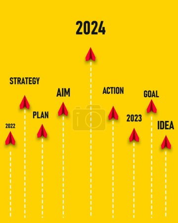 Illustration for Red planes flying to target,aim,plan,action,goal,idea,strategy,2024,2023,2022.Planning,opportunity,challenge and business strategy idea concept. - Royalty Free Image