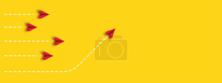 Illustration for Paper airplanes. red plane changing road. Different thinking, Business leader, personality development idea concept. - Royalty Free Image