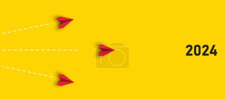 Ilustración de Red planes flying 2024. heading towards goal, plan, action. 2024 annual plan idea concept. business creativity new idea discovery innovation technology. - Imagen libre de derechos