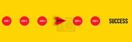 Photo for Red paper airplane completing the steps is flying to success.success oriented workConcept of project tracking, goal tracking, task completion idea. - Royalty Free Image