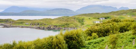 Téléchargez les photos : Chalets blancs pittoresques au loin, surplombant le paisible Loch, milieu de l'été, montagnes en arrière-plan, arbres verts et pistes herbeuses. - en image libre de droit