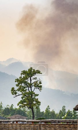 Beliebtes Reiseziel, dramatische Landschaft, diesige Luft, verschmutzt durch brennende Erntefeuer, in den weit entfernten Hügeln, vom beliebten Aussichtspunkt aus gesehen, etwas außerhalb der Kleinstadt Pai.