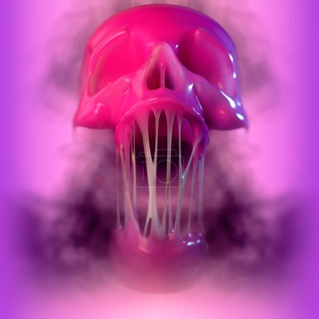 Photo for Glamorous pink skull with clumped jaws. The concept of the harm of sweets to life. Bright abstract background. Creative concept design. 3d rendering digital illustration - Royalty Free Image