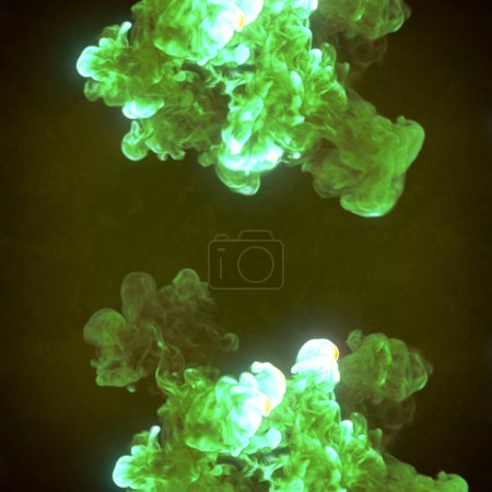 Foto de Explosión química caliente con rastros de humo verde. Fondo de moda. 3d representación ilustración digital - Imagen libre de derechos