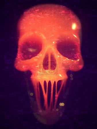 Photo for Caramel glamorous skull with slimy jaws, view through dirty glass. Abstract creative design background with depth of field. Modern style. 3d rendering digital illustration - Royalty Free Image