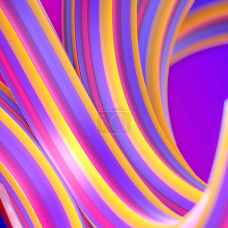 Foto de Abstract wavy background of twisted geometric shapes with colorful stripes. Creative design. 3d rendering digital illustration - Imagen libre de derechos