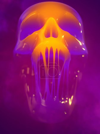 Téléchargez les photos : Colorful skull surrounded by clouds of smoke with clumped jaws and fancy candy gradient. Bright abstract background. Depth of field. Modern 3d rendering graphic. Digital illustration - en image libre de droit