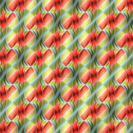 Téléchargez les photos : Pattern of a stack of curved rhombuses with colorful strips across them. Abstract modern art design. 3d rendering digital illustration - en image libre de droit