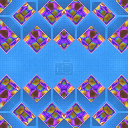 Téléchargez les photos : Illustration numérique symétrique de blocs de cristal colorés avec une longue ombre sur fond bleu. Motif de rendu 3D moderne. Design créatif - en image libre de droit