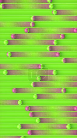 Téléchargez les photos : Des boules de paillettes colorées roulent à travers des rainures vert vif, laissant derrière elles un sillon dégradé violet. Arrière-plan géométrique abstrait. Illustration numérique de rendu 3D - en image libre de droit