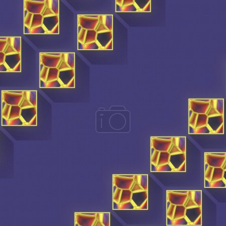 Téléchargez les photos : Illustration numérique abstraite d'un motif magique en cristal coloré dans des boîtes carrées avec une longue ombre. Arrière-plan géométrique abstrait. Rendu 3d - en image libre de droit