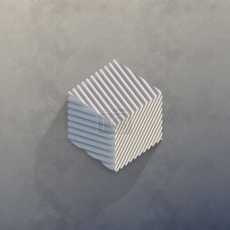 Isometric projection of a white cube divided into slices on the background of an old concrete wall. Minimal creative design. 3d rendering digital illustration