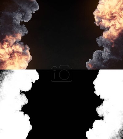 Photo for Real giant fire explosions. Dark smoke trails isolated on black background. Abstract creative design background with alpha matte to compose. 3d rendering digital illustration - Royalty Free Image