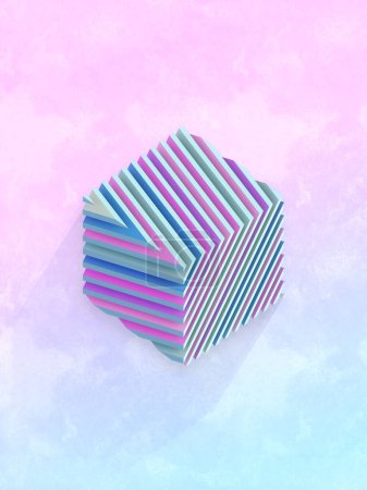 Isometric projection of a bright cube with a trendy neon gradient divided into thin slices. 3d rendering abstract background. Digital illustration
