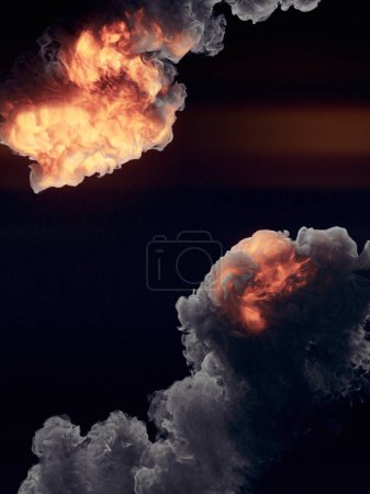 Foto de Explosión de fuego caliente con fantástico humo grueso sobre fondo oscuro para diseño gráfico. Fondo abstracto. Efecto de brillo. 3d representación ilustración digital - Imagen libre de derechos