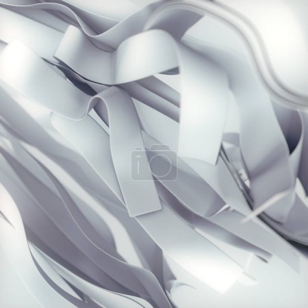 Téléchargez les photos : Rayures volantes de tissu blanc dans le vent. Concept graphique de rendu 3D moderne avec effet de profondeur de champ. Contexte abstrait. Design lumineux. Illustration numérique - en image libre de droit