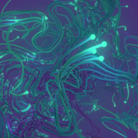 Photo for Abstract intertwining pattern of neon line swirls with glowing orbs at the ends. Modern background. 3d rendering digital illustration - Royalty Free Image
