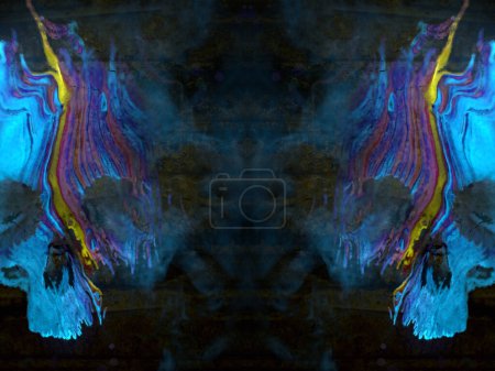 Téléchargez les photos : Composition mystique de deux crânes humains disposés symétriquement avec une texture flottante ondulée. Résumé fond de conception créative. Illustration numérique de rendu 3D - en image libre de droit
