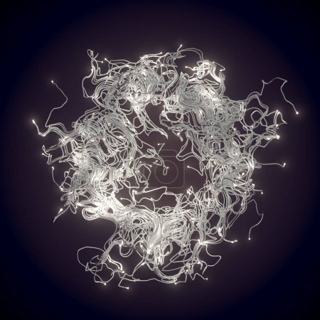 Téléchargez les photos : Illustration numérique d'un beau motif entrelacé de boucles de fines lignes grises avec des boules lumineuses aux extrémités. 3d rendu fond abstrait - en image libre de droit