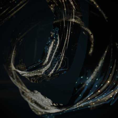 Foto de Ilustración digital abstracta de rayas fluidas de plástico transparente con patrón de lunares dorados. Fondo oscuro. Diseño creativo moderno. renderizado 3d - Imagen libre de derechos