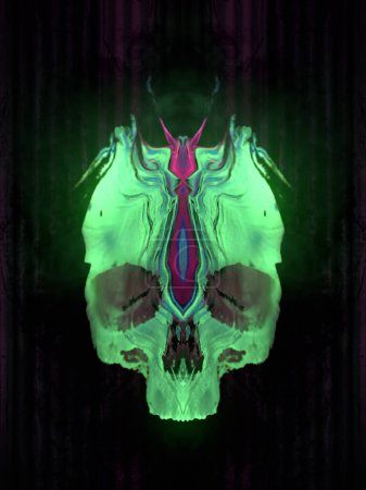 Téléchargez les photos : Composition symétrique du crâne humain avec une texture ondulée flottante colorée. Concept moderne fond. Illustration numérique de rendu 3D - en image libre de droit