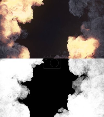 Photo for Close up explosions with dark smoke trails. Abstract trendy background with alpha channel. Modern 3d rendering graphic. Digital illustration - Royalty Free Image