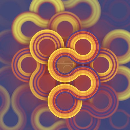Téléchargez les photos : Illustration en 3D d'un motif de lignes arrondies sur fond numérique orange et violet avec profondeur de champ. L'art génératif. Concept futuriste - en image libre de droit