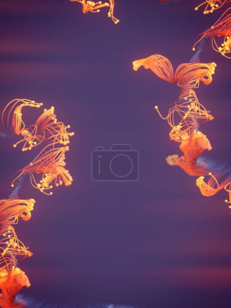 Foto de Composición de formas de cultivo orgánico colorido abstracto con gradiente de lujo sobre fondo púrpura, con efecto de profundidad de campo. Diseño de concepto creativo. 3d representación ilustración digital - Imagen libre de derechos