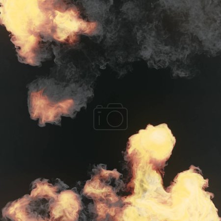 Téléchargez les photos : Explosions de feu très réalistes avec illustration numérique de fumée sombre. Un fond créatif. Design abstrait d'art moderne. Rendu 3d - en image libre de droit