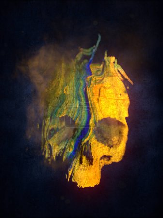 Téléchargez les photos : Silhouette mystique du crâne avec une texture ondulée flottante colorée apparaissant de l'obscurité avec un effet de profondeur de champ. Fond numérique. Illustration de rendu 3d - en image libre de droit