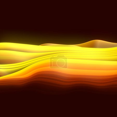 Téléchargez les photos : Ondes magiques de bandes de tissu jaune dans le vent abstrait 3d rendant illustration numérique. Contexte futuriste - en image libre de droit