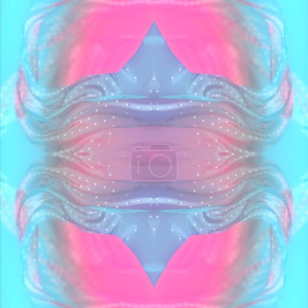 Photo for Futuristic symmetrical pattern of flowing strips of transparent plastic with glittery polka dot pattern on background with bright neon gradient. Modern design. 3d rendering digital illustration - Royalty Free Image