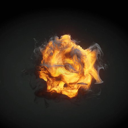 Foto de Gran bola de fuego de color amarillo brillante con humo arremolinado y llamas a su alrededor. Efecto visual dramático. 3d representación ilustración digital - Imagen libre de derechos