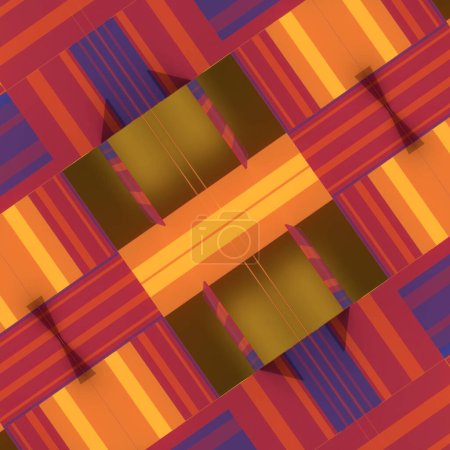 Photo for Red, orange and blue striped geometric pattern on yellow background, digital visualization. Geometric abstract art. 3d rendering illustration - Royalty Free Image