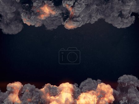 Téléchargez les photos : Explosion de feu avec fantastique fumée épaisse sur fond sombre pour la conception graphique. Contexte abstrait. Effet lumineux. Illustration numérique de rendu 3D - en image libre de droit