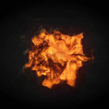 Foto de Lenguas mágicas de llama con remolinos de humo sobre un fondo oscuro. Fascinante composición artística. 3d representación ilustración digital - Imagen libre de derechos