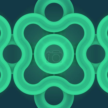 Foto de 3d representación digital ilustración de patrón simétrico de líneas verdes redondeadas sobre fondo verde oscuro con profundidad de campo. Arte generativo - Imagen libre de derechos
