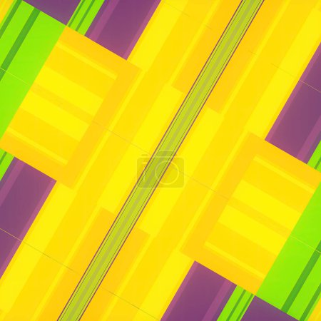Foto de Patrón simétrico de cuadrados verdes, amarillos y morados, visualización tridimensional digital. Arte abstracto geométrico. 3d representación ilustración digital - Imagen libre de derechos